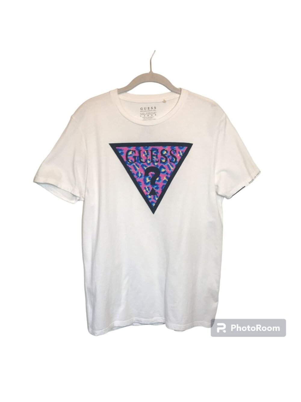 NWOT GUESS Women’s White Logo Tee with Pink & Blue Leopard Print